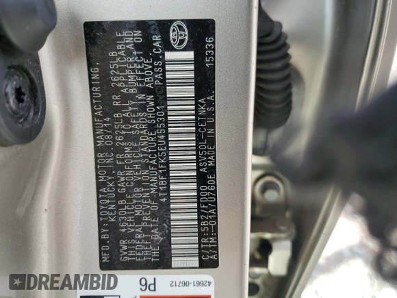 2014 Toyota Camry L with VIN 4T1BF1FK5EU455301, listed as a Copart auction lot 54990775 with 60,266 mi miles and Salvage Title. Bid and sale history available at carsss.com. Image 12.