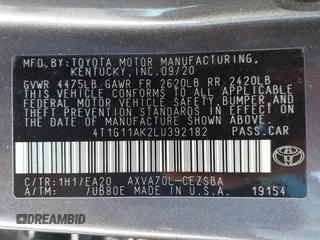 2020 Toyota Camry SE z VIN 4T1G11AK2LU392182, wystawiony jako IAAI lot #41667278 z przebiegiem 41 506 mil mil oraz . Historia ofert i sprzedaży dostępna na DreamBid. Obrazek 9.