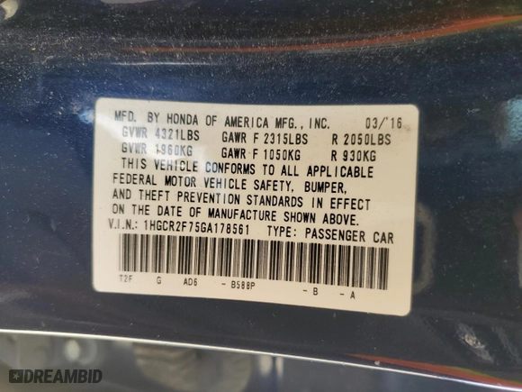2016 Honda Accord Sedan EX with VIN 1HGCR2F75GA178561, listed as a Copart auction lot 43956205 with 124,983 mi miles and Salvage Title. Bid and sale history available at carsss.com. Image 15.