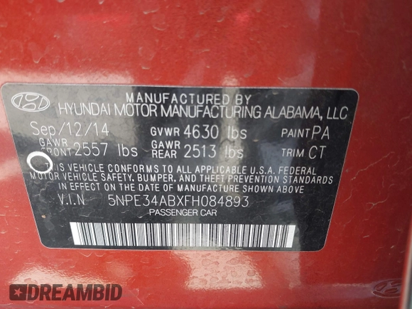2015 Hyundai Sonata Sport with VIN 5NPE34ABXFH084893, listed as a IAAI auction lot 42066253 with 122,923 mi miles and . Bid and sale history available at carsss.com. Image 9.