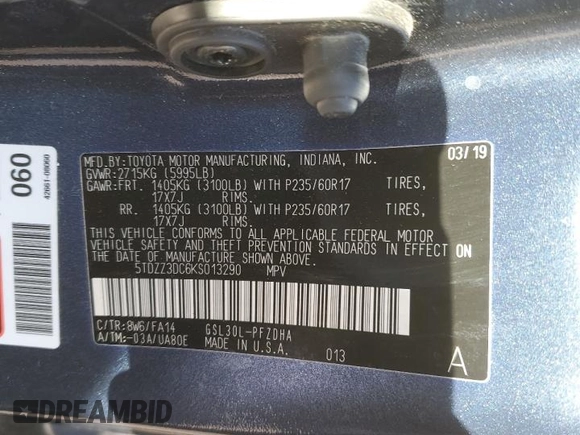 2019 Toyota Sienna L with VIN 5TDZZ3DC6KS013290, listed as a Copart auction lot 49493685 with 76,416 mi miles and Salvage Title. Bid and sale history available at carsss.com. Image 13.
