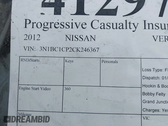 2012 Nissan Versa S with VIN 3N1BC1CP2CK246367, listed as a IAAI auction lot 41297734 with 1 mi miles. Bid and sale history available at carsss.com. Image 9.