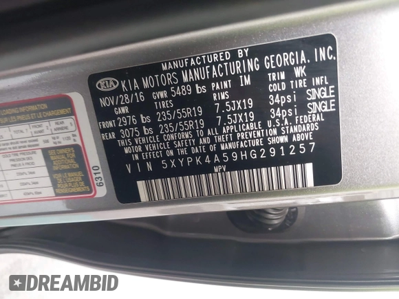 2017 Kia Sorento SX with VIN 5XYPK4A59HG291257, listed as a IAAI auction lot 42450031 with 68,734 mi miles and . Bid and sale history available at DreamBid. Image 9.