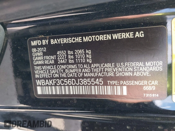 2013 BMW 3 Series 328i xDrive with VIN WBAKF3C56DJ385545, listed as a IAAI auction lot 40735031 with 156,826 mi miles. Bid and sale history available at carsss.com. Image 9.