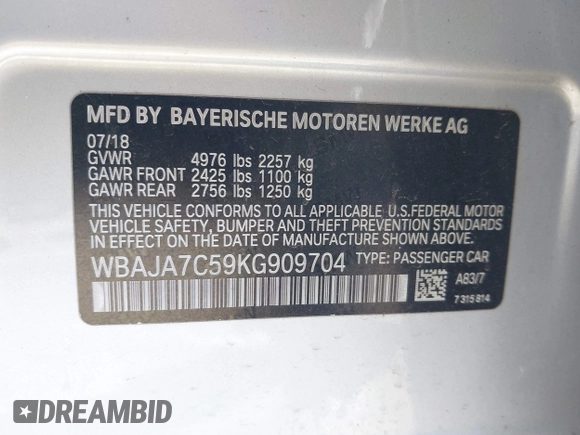2019 BMW 5 Series 530i xDrive z VIN WBAJA7C59KG909704, wystawiony jako IAAI lot #41740440 z przebiegiem Nie podano mil oraz . Historia ofert i sprzedaży dostępna na DreamBid. Obrazek 9.