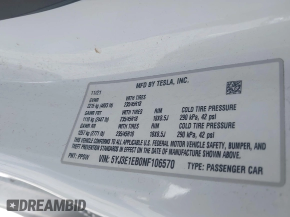 2022 Tesla Model 3 Long Range with VIN 5YJ3E1EB0NF106570, listed as a IAAI auction lot 41832622 with 52,679 mi miles and . Bid and sale history available at DreamBid. Image 9.