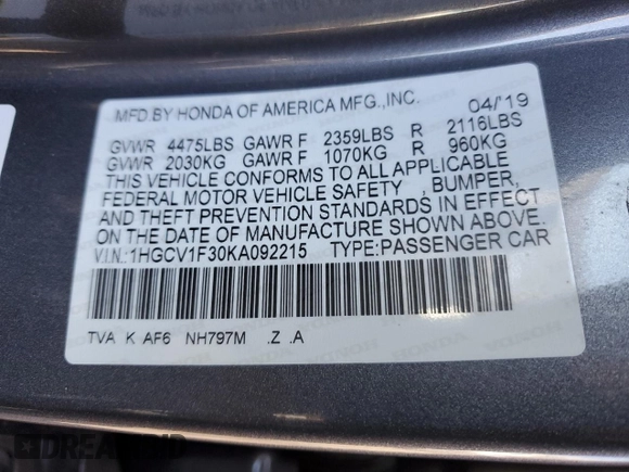 2019 Honda Accord Sedan Sport 1.5T with VIN 1HGCV1F30KA092215, listed as a Copart auction lot 51452845 with 144,414 mi miles and Salvage Title. Bid and sale history available at carsss.com. Image 15.