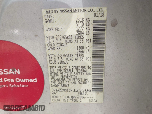 2018 Nissan Murano S z VIN 5N1AZ2MG1JN125506, wystawiony jako IAAI lot #42262217 z przebiegiem Nie podano mil oraz . Historia ofert i sprzedaży dostępna na DreamBid. Obrazek 9.