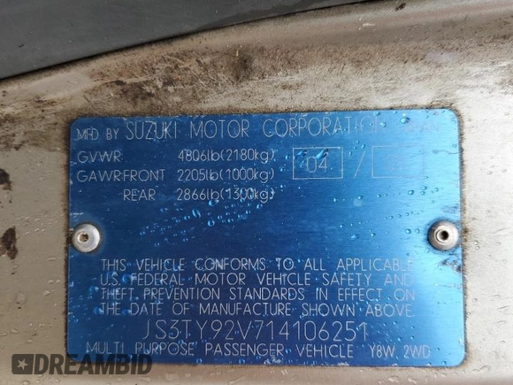 2001 Suzuki XL7 Touring z VIN JS3TY92V714106251, wystawiony jako Copart lot #79281204 z przebiegiem 334 901 mil mil oraz Szkoda całkowita • Salvage title. Historia ofert i sprzedaży dostępna na DreamBid. Obrazek 12.