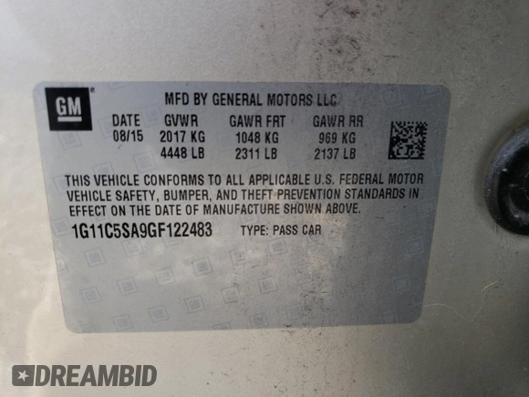 2016 Chevrolet Malibu LT with VIN 1G11C5SA9GF122483, listed as a Copart auction lot 79280014 with 106,220 mi miles and Salvage Title. Bid and sale history available at carsss.com. Image 12.