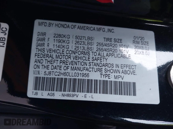 2020 Acura RDX w/A-Spec Pkg with VIN 5J8TC2H60LL031956, listed as a IAAI auction lot 41663869 with 65,210 mi miles. Bid and sale history available at carsss.com. Image 9.