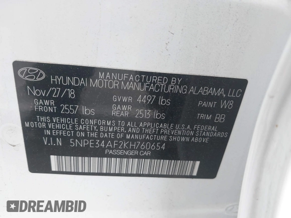 2019 Hyundai Sonata SEL with VIN 5NPE34AF2KH760654, listed as a IAAI auction lot 41877733 with 45,722 mi miles and . Bid and sale history available at DreamBid. Image 9.