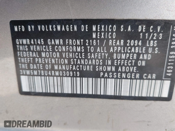2024 Volkswagen Jetta S with VIN 3VW5M7BU4RM030919, listed as a IAAI auction lot 42552225 with 39,504 mi miles and . Bid and sale history available at DreamBid. Image 9.