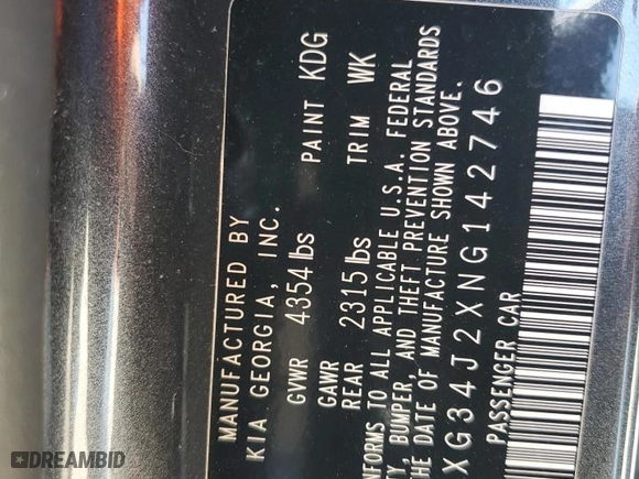 2022 Kia K5 EX with VIN 5XXG34J2XNG142746, listed as a Copart auction lot 49976745 with 56,723 mi miles and Salvage Title. Bid and sale history available at carsss.com. Image 16.