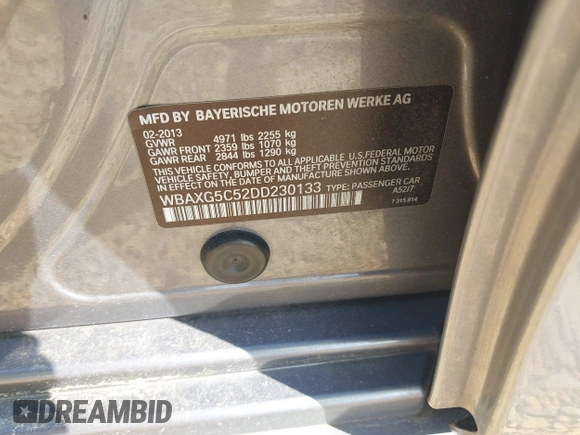 2013 BMW 5 Series 528i with VIN WBAXG5C52DD230133, listed as a IAAI auction lot 42451693 with 131,892 mi miles and . Bid and sale history available at DreamBid. Image 9.