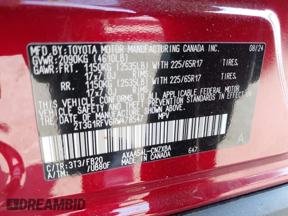 2024 Toyota RAV4 LE with VIN 2T3G1RFV6RW478547, listed as a IAAI auction lot 42157790 with 25,048 mi miles and . Bid and sale history available at DreamBid. Image 9.