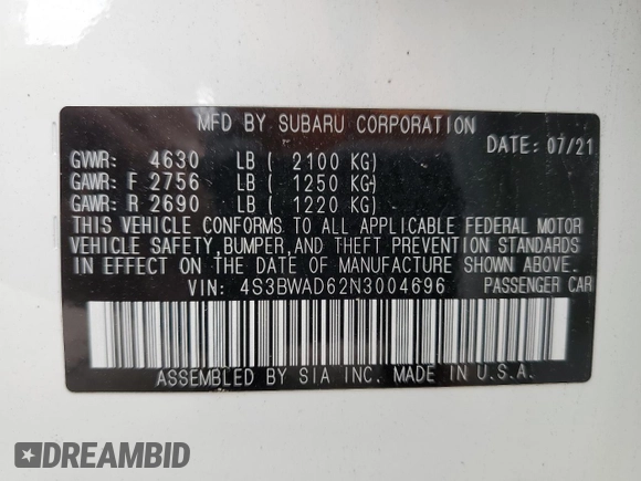 2022 Subaru Legacy Premium with VIN 4S3BWAD62N3004696, listed as a Copart auction lot 58520295 with 43,042 mi miles and Clean title. Bid and sale history available at DreamBid. Image 12.
