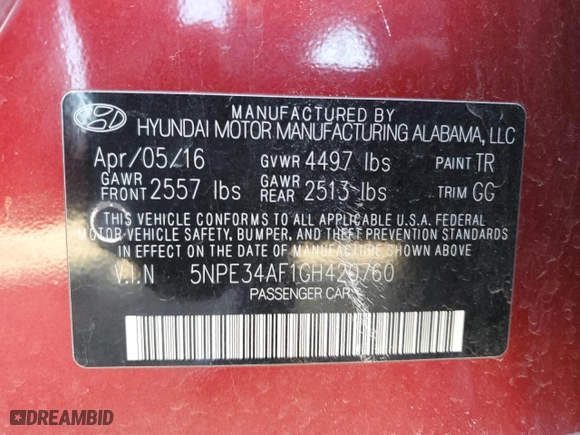 2016 Hyundai Sonata 2.4L Sport with VIN 5NPE34AF1GH420760, listed as a Copart auction lot 51998585 with 121,204 mi miles and Salvage Title. Bid and sale history available at carsss.com. Image 13.
