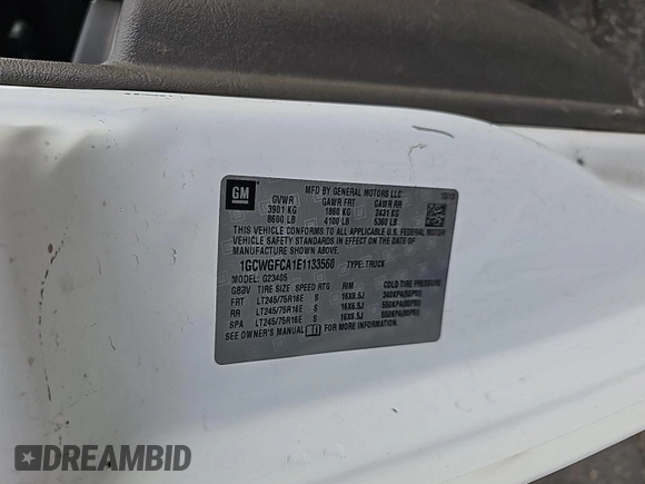 2014 Chevrolet Express Cargo Van with VIN 1GCWGFCA1E1133560, listed as a IAAI auction lot 42191191 with 182,999 mi miles. Bid and sale history available at carsss.com. Image 1.