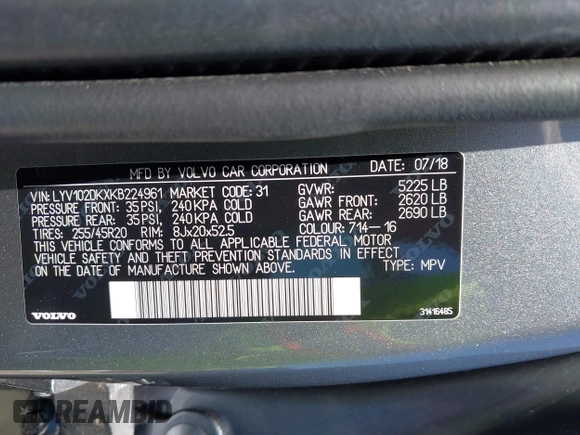 2019 Volvo XC60 Momentum with VIN LYV102DKXKB224961, listed as a IAAI auction lot 42377394 with 71,234 mi miles and . Bid and sale history available at DreamBid. Image 9.