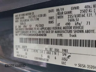 2019 Ford Transit with VIN 1FTYR3XM5KKB49658, listed as a IAAI auction lot 42262878 with 74,645 mi miles and . Bid and sale history available at DreamBid. Image 9.