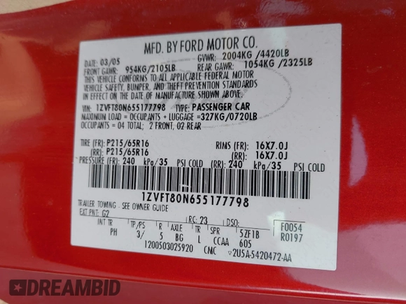 2005 Ford Mustang Deluxe with VIN 1ZVFT80N655177798, listed as a IAAI auction lot 42411831 with 112,236 mi miles and . Bid and sale history available at DreamBid. Image 9.