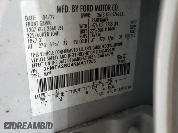 2022 Ford Mustang Mach-E California Route 1 with VIN 3FMTK2SU4NMA17256, listed as a Copart auction lot 45301305 with 29,366 mi miles and Salvage title. Bid and sale history available at DreamBid. Image 13.