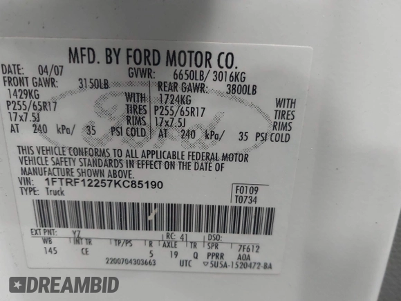 2007 Ford F-150 XL с VIN 1FTRF12257KC85190, выставлен на аукционе IAAI как лот 42471983 с пробегом 259 854 миль миль и . История ставок и продаж доступна на DreamBid. Изображение 9.