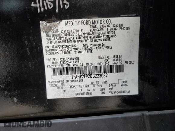2013 Ford Taurus SEL with VIN 1FAHP2E92DG223032, listed as a Copart auction lot 84296344 with 162,960 mi miles and Salvage Title. Bid and sale history available at carsss.com. Image 13.
