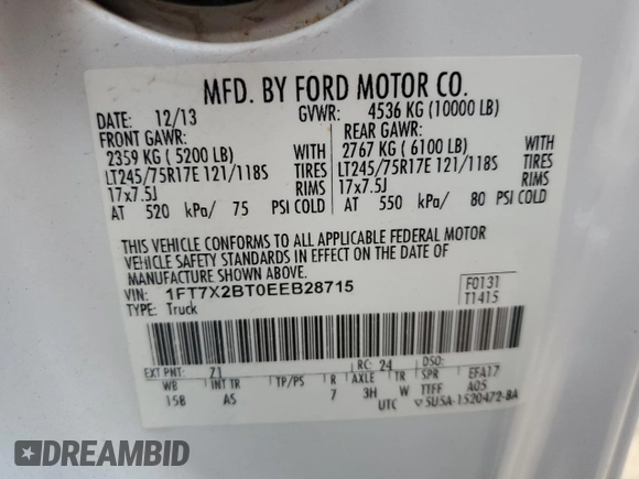 2014 Ford F-250 XLT with VIN 1FT7X2BT0EEB28715, listed as a Copart auction lot 43449075 with 177,622 mi miles and Clean title. Bid and sale history available at DreamBid. Image 12.