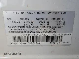 2006 Mazda 3 i with VIN JM1BK12F561464270, listed as a Copart auction lot 53877845 with 201,857 mi miles and Salvage Title. Bid and sale history available at carsss.com. Image 12.
