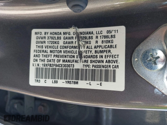 2012 Honda Civic EX-L with VIN 19XFB2F94CE303073, listed as a IAAI auction lot 42136841 with 102,905 mi miles and . Bid and sale history available at DreamBid. Image 9.