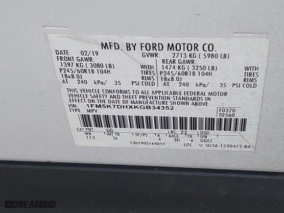 2019 Ford Explorer XLT with VIN 1FM5K7DHXKGB34352, listed as a IAAI auction lot 41412912 with 128,675 mi miles. Bid and sale history available at carsss.com. Image 9.