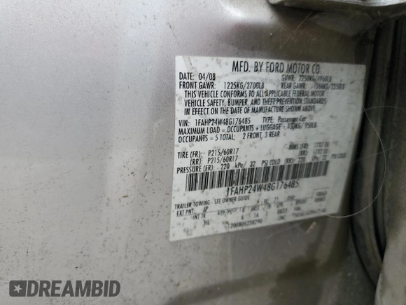 2008 Ford Taurus SEL with VIN 1FAHP24W48G176485, listed as a Copart auction lot 83984454 with 106,629 mi miles and Clean title. Bid and sale history available at DreamBid. Image 12.