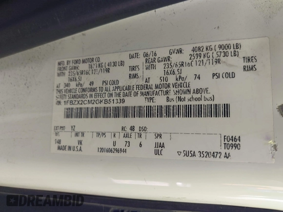 2016 Ford Transit Passenger XL z VIN 1FBZX2CM2GKB51339, wystawiony jako IAAI lot #41429005 z przebiegiem 215 896 mil mil oraz . Historia ofert i sprzedaży dostępna na DreamBid. Obrazek 9.