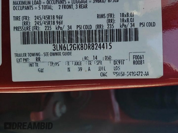2013 Lincoln MKZ with VIN 3LN6L2GK8DR824415, listed as a Copart auction lot 56383394 with 107,950 mi miles and Salvage Title. Bid and sale history available at DreamBid. Image 12.
