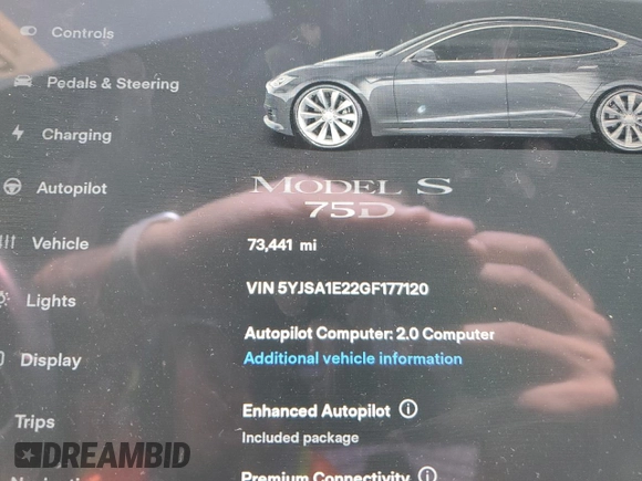 2016 Tesla Model S 90D with VIN 5YJSA1E22GF177120, listed as a Copart auction lot 51972885 with 73,441 mi miles and Salvage title. Bid and sale history available at DreamBid. Image 9.
