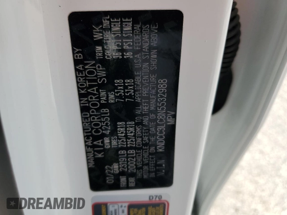 2022 Kia Niro Touring SE with VIN KNDCC3LC8N5532988, listed as a Copart auction lot 68853564 with 13,535 mi miles and Salvage Title. Bid and sale history available at carsss.com. Image 13.