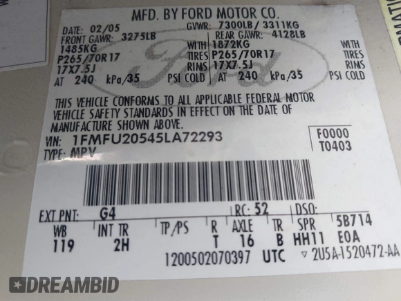 2005 Ford Expedition Limited with VIN 1FMFU20545LA72293, listed as a IAAI auction lot 42447989 with 182,117 mi miles and . Bid and sale history available at DreamBid. Image 9.