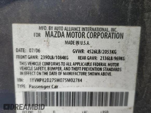 2007 Mazda 6 S Sport VE with VIN 1YVHP82D275M02784, listed as a Copart auction lot 44386295 with 138,087 mi miles and Salvage Title. Bid and sale history available at carsss.com. Image 12.