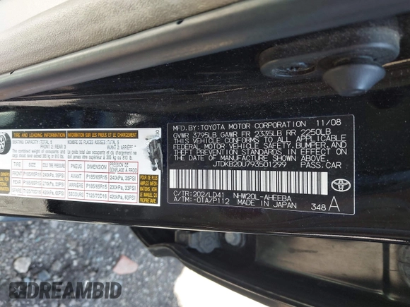 2009 Toyota Prius with VIN JTDKB20U793501299, listed as a IAAI auction lot 42133089 with 371,528 mi miles and . Bid and sale history available at DreamBid. Image 9.