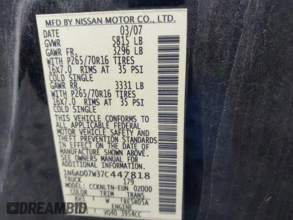 2007 Nissan Frontier Nismo z VIN 1N6AD07W37C447818, wystawiony jako IAAI lot #42156921 z przebiegiem 141 051 mil mil oraz . Historia ofert i sprzedaży dostępna na DreamBid. Obrazek 9.