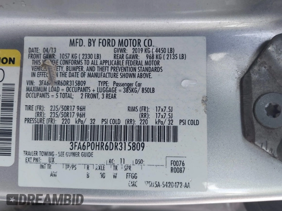 2013 Ford Fusion SE with VIN 3FA6P0HR6DR315809, listed as a IAAI auction lot 42661217 with 238,346 mi miles and . Bid and sale history available at DreamBid. Image 9.