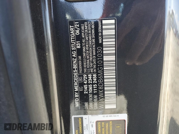 2021 Mercedes-Benz C 300 with VIN W1KWK8DB6MG101030, listed as a Copart auction lot 52044745 with 46,889 mi miles and Salvage title. Bid and sale history available at DreamBid. Image 13.