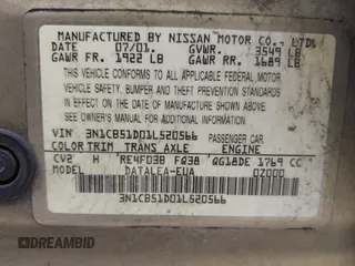 2001 Nissan Sentra GXE z VIN 3N1CB51D01L520566, wystawiony jako IAAI lot #42262736 z przebiegiem 122 675 mil mil oraz . Historia ofert i sprzedaży dostępna na DreamBid. Obrazek 9.