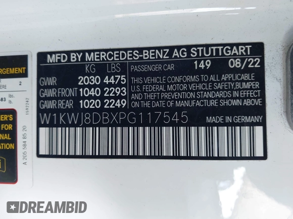 2023 Mercedes-Benz C 300 with VIN W1KWJ8DBXPG117545, listed as a IAAI auction lot 41134596 with 16,665 mi miles and . Bid and sale history available at DreamBid. Image 9.