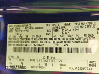2014 Ford Escape SE with VIN 1FMCU9GX0EUA36503, listed as a IAAI auction lot 42542206 with 130,263 mi miles and . Bid and sale history available at DreamBid. Image 9.