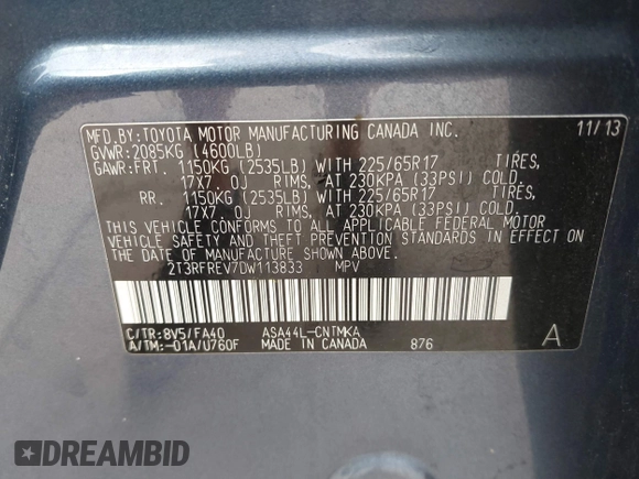 2013 Toyota RAV4 XLE with VIN 2T3RFREV7DW113833, listed as a IAAI auction lot 41545018 with 189,080 mi miles. Bid and sale history available at carsss.com. Image 9.
