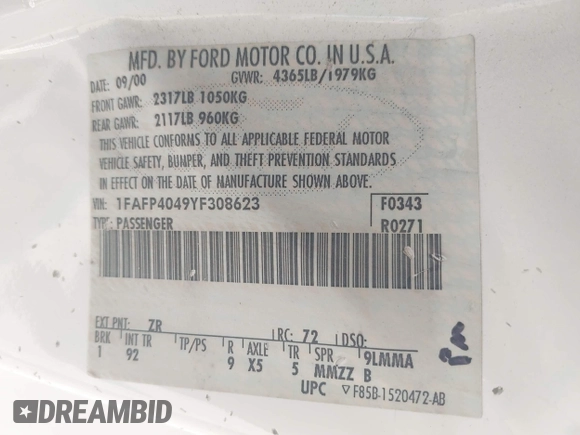 2000 Ford Mustang with VIN 1FAFP4049YF308623, listed as a IAAI auction lot 42708683 with 135,121 mi miles and . Bid and sale history available at DreamBid. Image 9.