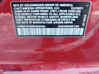 2022 Volkswagen Passat 2.0T Limited Edition with VIN 1VWBA7A3XNC009508, listed as a IAAI auction lot 41368744 with 0 mi miles. Bid and sale history available at carsss.com. Image 9.